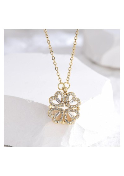 Mıknatıslı Açılıp Kapanabilen Kalpli Yonca Şans Çelik Kolye Gold