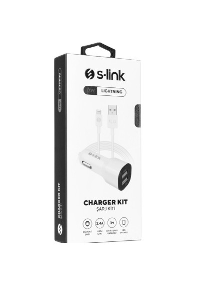 S-link SL-EC30L iPhone Lightning Kablolu 3.4A 2 USB Beyaz Araç Şarj Cihazı