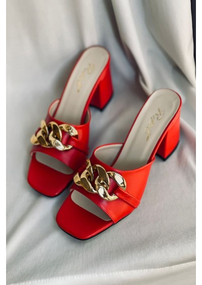 Mida Shoes Kırmızı Deri Halkalı Topuklu Ayakkabı