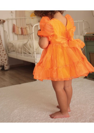 Little Honey Bunnies Neon Turuncu Cam Organze Parlak Kız Çocuk Elbise