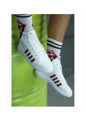 Ayakkabı Modası Beyaz-Kırmızı Kadın Uzun Spor Ayakkabı 5013-20-101003
