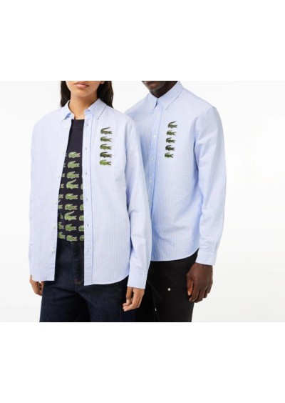 Lacoste Unisex Regular Fit Düğmeli Yaka Çizgili Organik Pamuk Mavi Gömlek CH3553.F6Z