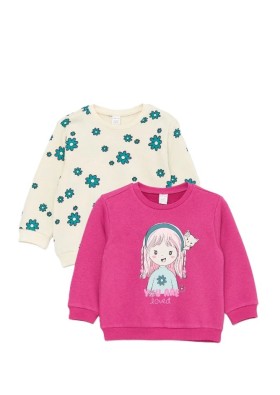LC Waikiki Bisiklet Yaka Uzun Kollu Baskılı Kız Bebek Sweatshirt 2'li