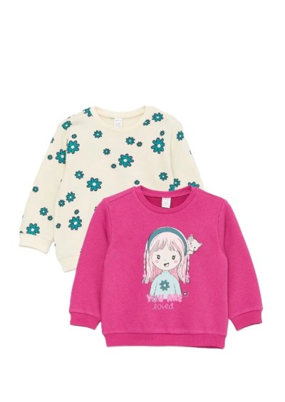 LC Waikiki Bisiklet Yaka Uzun Kollu Baskılı Kız Bebek Sweatshirt 2'li