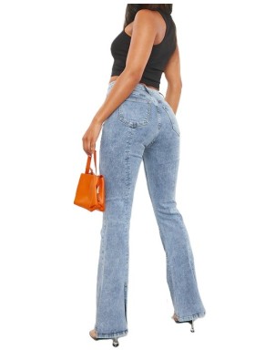Prettylittlething Kadın Vintage Yıkama Dikişli Arkası Bölünmüş Etek Geniş Paça Pantolon CMN3646