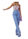 Prettylittlething Kadın Light Blue Wash Long Leg Split Hem Jeans CMF2615
