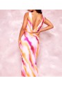 Prettylittlething Pembe Soyut Desenli Plisse Kapşonlu Derin V Yaka Uzun Elbise CNF0971