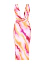 Prettylittlething Pembe Soyut Desenli Plisse Kapşonlu Derin V Yaka Uzun Elbise CNF0971