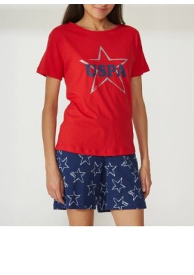 U.S. Polo Assn. Bisiklet Yaka Baskılı Kırmızı Kadın Pijama Takımı