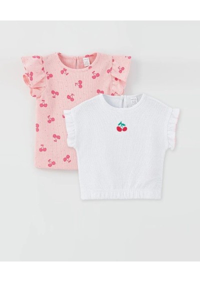 LCW baby Beyaz Bisiklet Yaka Baskılı Kız Bebek Tişört 2'li S3G067Z1 - Q6K