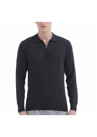 Ramsey Antrasit Polo Yaka Düz Örgü %100 Yün Triko Kazak TRK-1342