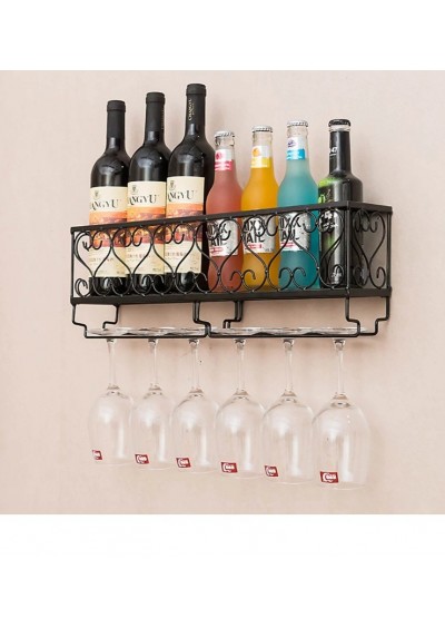 Siyah Duvara Monte Şarap Rafı 6 Şarap Kadehi Tutuculu G 50 cm x D 10 cm x Y 17 cm