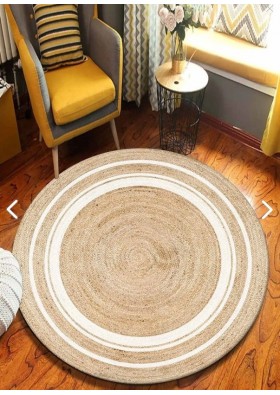 Karnaval Home Beyaz Bordürlü Desenli Yuvarlak Jüt Örme Doğal Hasır Kilim Daire Halı Jut-3043 120x120