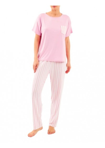 Ecrou Kadın Pembe Ekru Çizgili T.Shırt Cepli Bisiklet Yaka Uzun Alt Pijama Takım