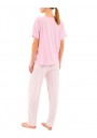 Ecrou Kadın Pembe Ekru Çizgili T.Shırt Cepli Bisiklet Yaka Uzun Alt Pijama Takım