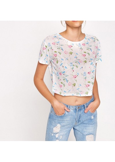 Koton Kadın Çiçekli T-Shirt Mavi 7YAL16447IK03V