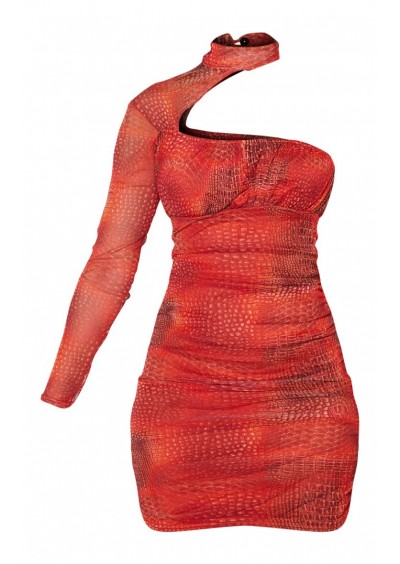 Prettylittlething Kırmızı Örgü Yüksek Boyun Uzun Kol Örgü Bodycon Elbise Cmh5125/37/59