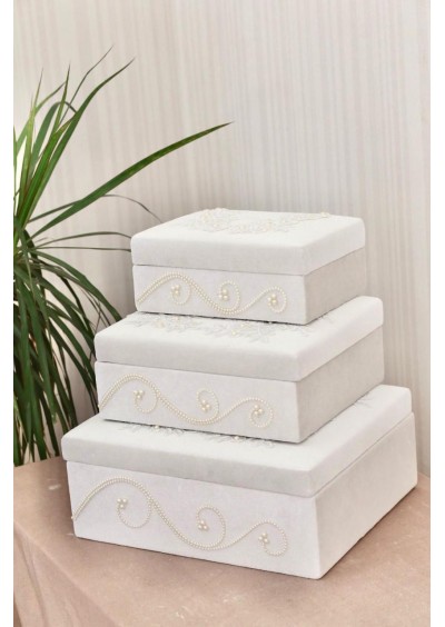 Ahşap 3lü Gelin Çeyiz Kutuları Ekru