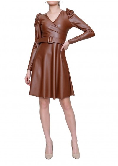 Kiki Life Kadın Taba Kruvaze Yaka Kemerli Deri Elbise 21-2KB0705