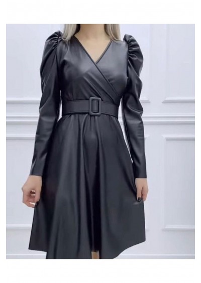 KİKİ LİFE Kemerli Kruveza Deri Elbise 0261