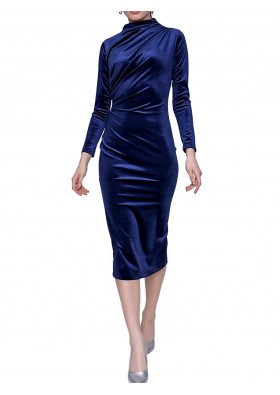 Massband Kadın Lacivert Yanı Büzgülü Kadife Elbise 21-2KB0761