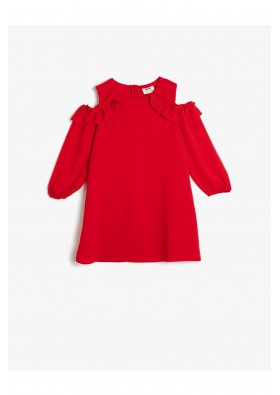 Koton Kız Çocuk Kırmızı Dökümlü Kumaştan Omzu Açık Fırfırlı Orta Boy Elbise 0YKG87043OW