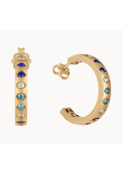 Runda 14 Ayar Altın Kaplama Pırlantalı Yeryüzü Tonları Mavi Taşlı Gümüş Küpe X2E210915-CZ