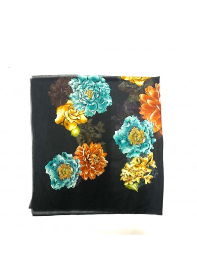 Enk Kadın Siyah Çiçek Desenli Eşarp 90x90