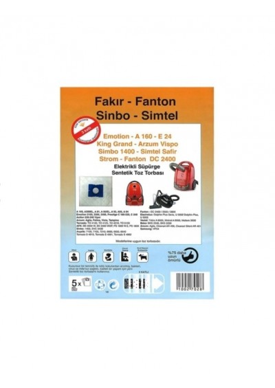 Fakir Fantom Sinbo Simtel Uyumlu Süpürge Torbası 5 Adet